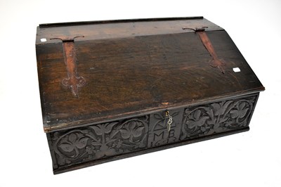 Lot 136 - A 17th century (possibly later) oak Bible box...