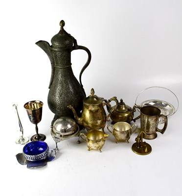 Lot 599 - Two boxes of plated ware to include a large...