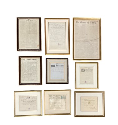 Lot 240 - Three framed newspaper cuttings, the largest...