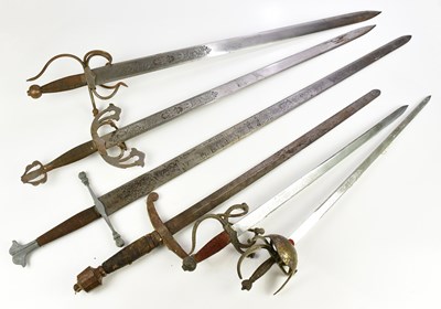 Lot 1353 - Six replica broadswords, two with etched...