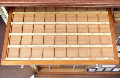 Lot 100 - A wooden two-door coin cabinet with dividing...