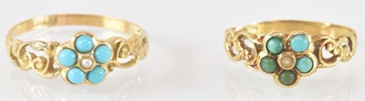 Lot 827 - Two gold turquoise and seed pearl cluster...