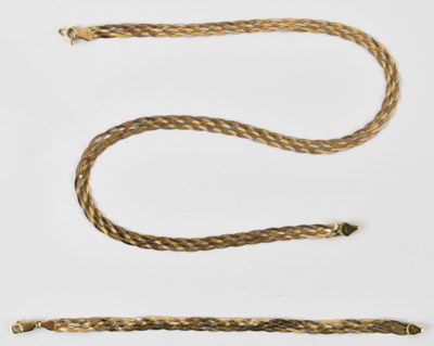 Lot 780 - A 9ct tri-colour flat braided necklace with...