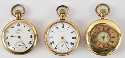 Lot 932 - WALTHAM; three gold plated pocket watches...