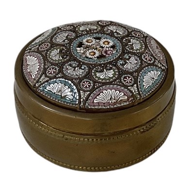 Lot 320 - A small brass micromosaic topped trinket box,...
