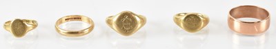 Lot 740 - A 9ct yellow gold signet ring, size M, a 9ct...
