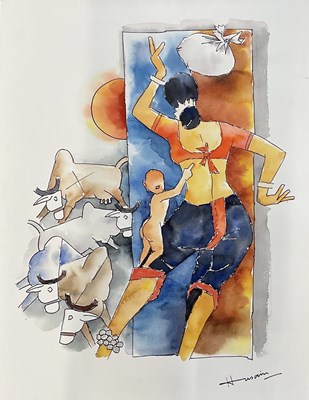 Lot 120 - M F HUSAIN; watercolour, mother and child...