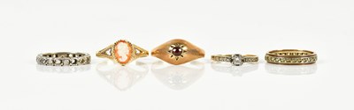 Lot 1466 - Five 9ct gold dress rings, combined approx...