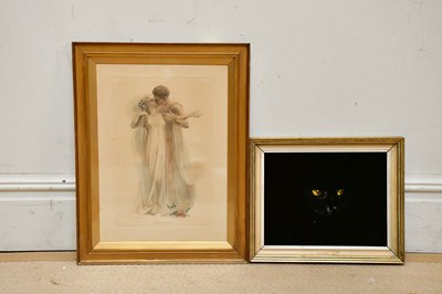 Lot 1730 - ROBERT TUSON; oil on velvet, a cat's face, 25...
