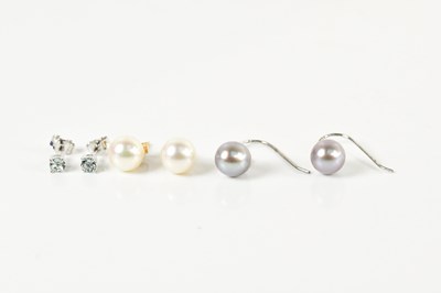 Lot 1696 - Two pairs of pearl earrings and a pair of 9ct...