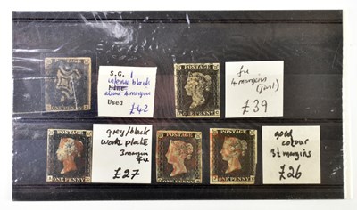 Lot 778 - GB; five QV used 1d blacks in mixed condition.