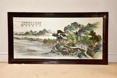 Lot 2866 - A Japanese embroidered silk panel, decorated...