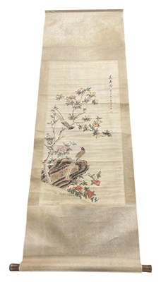 Lot 1149 - A Chinese watercolour of two birds in a tree...