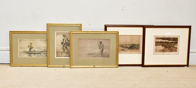 Lot 1653 - M NIMMO MORAN; etching, Dutch scene of river...