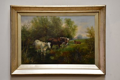 Lot 1699 - CHARLES 'CHAS' DUDLEY; oil on canvas, cattle...